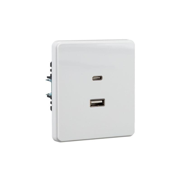 Розетка 2-м СП ROUND 16А IP20 USB-A + Type-C 3А с функцией быстрой зарядки перламутр Kranz KR-78-0734-1