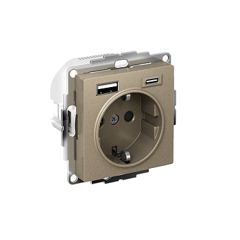 Розетка AtlasDesign 16А с 2-мя заряд. устройствами USB тип A+C 5В/2.4А/3.0А 2х5В/1.5А механизм шампань SE ATN000532