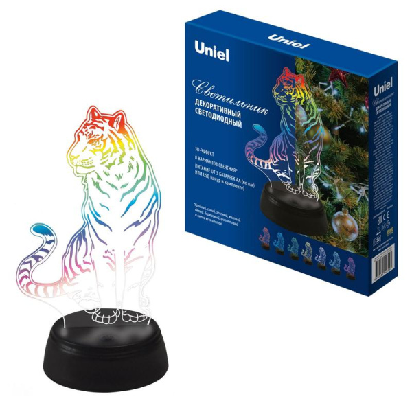 Светильник декоративный ULI-M507 RGB/3AA TIGER/BLACK с эффектом 3D "Тигр" 3AA (не в/к) 1 светодиод RGB свет Uniel UL-00008402
