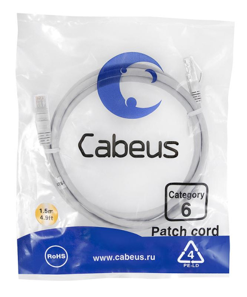 Патч-корд U/UTP кат.6 PC-UTP-RJ45-Cat.6-1.5m 2xRJ45/8p8c неэкранир. PVC 1.5м сер. Cabeus 7273c