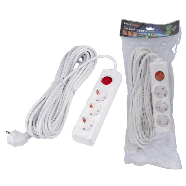 Удлинитель 3х10м с заземл. 16А Ultra S-GCU3-10B WHITE бел. Uniel UL-00010014