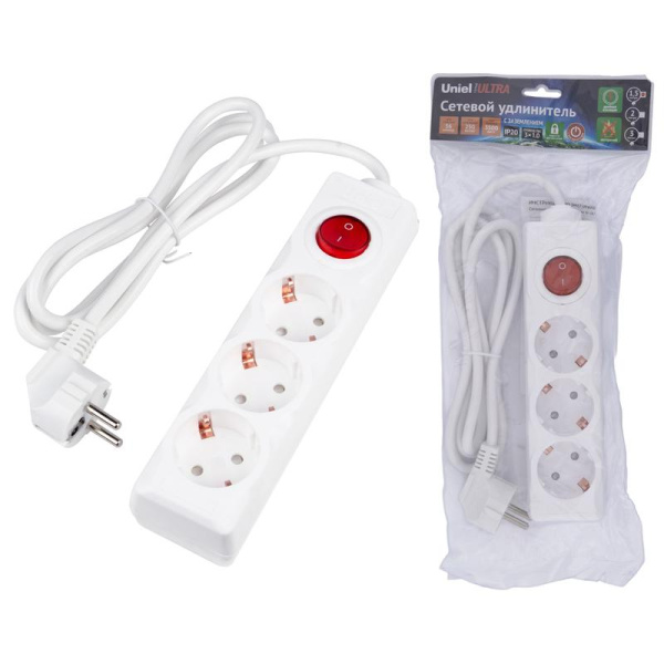 Удлинитель 3х1.5м с заземл. 16А Ultra S-GCU3-1.5B WHITE бел. Uniel UL-00010013
