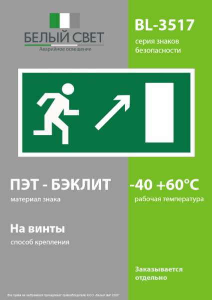 Знак безопасности BL-3517.E05"Напр. к эвакуационному выходу направо вверх" Белый свет a12969