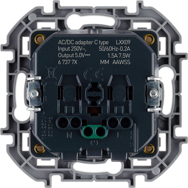 Розетка 1-м СП Inspiria 16А IP20 250В 2P+E немецк. стандарт с заряд. устр. USB тип C 1.5А 5В механизм сл. кость IEK 673771