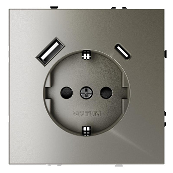 Розетка 1-м СП S70 16А с USB A+С с заземл. защ. шторки механизм шелк Voltum VLS040504