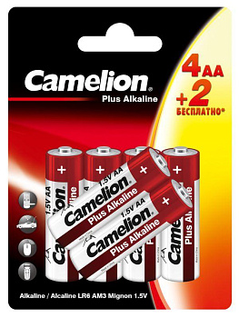 Элемент питания алкалиновый AA/LR6 1.5В Plus Alkaline 4+2LR6-BP 4+2 бесплатно промо (уп.6шт) Camelion 15308