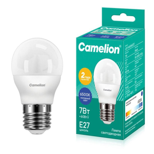 Лампа светодиодная LED7-G45/865/E27 7Вт шар матовая 6500К холод. бел. E27 220В Camelion 12647