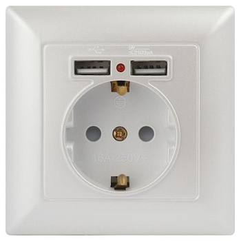 Розетка 1-м СП Solo 4-410-06 P+E Schuko 16А 250В + 2хUSB IP20 с заземл. защ. шторки перламутр Intro Б0053718