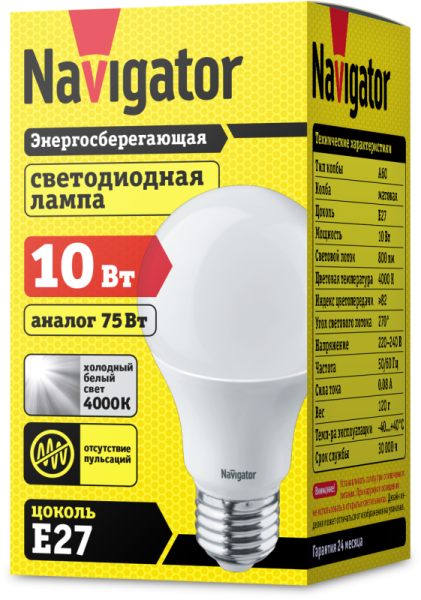 Лампа светодиодная 94 388 NLL-A60-10-230-4K-E27 10Вт грушевидная 4000К нейтр. бел. E27 820лм 176-264В Navigator 94388