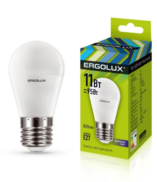Лампа светодиодная LED-G45-11W-E27-6K 11Вт шар матовая 6500К холод. бел. E27 220-240В Ergolux 13632