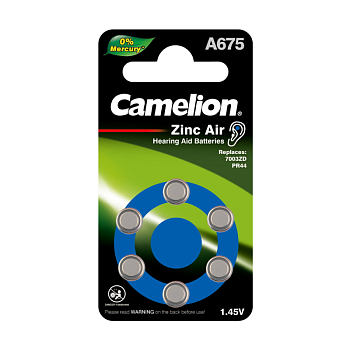 Элемент питания ZA675 Mercury Free A675-BP6 (0%Hg) 1.4В 620мА.ч для слуховых аппаратов BL-6 (блист.6шт) Camelion 12826