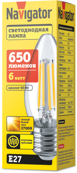 Лампа светодиодная 14 007 NLL-F-C35-6-230-2.7K-E27 6Вт свеча прозрачная 2700К тепл. бел. E27 650лм 220-240В Navigator 14007