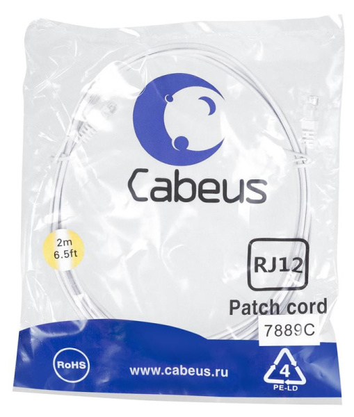 Патч-корд телефонный PC-TEL-RJ12-2m 2х6р4с PVC 2м бел. Cabeus 7889c
