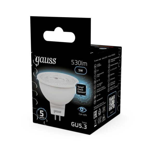 Лампа светодиодная Black 5Вт MR16 софит 4100К нейтр. бел. GU5.3 530лм GAUSS 101505205
