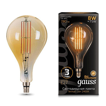 Лампа светодиодная филаментная Black Filament 8Вт A160 грушевидная золотая 2400К тепл. бел. E27 780лм GAUSS 149802008
