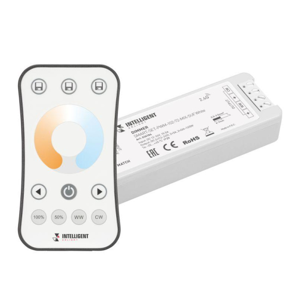 Диммер SMART-SET-PWM-102-72-MIX-SUF White (12-24В 2х5А ПДУ RING 10кн 2.4G) IP20 пластик INTELLIGENT ARLIGHT 036184
