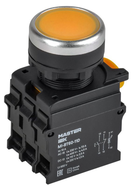 Кнопка d22мм 1НО+1НЗ MASTER с подсветкой желт. IEK MI-BT60-11D-3-12-K05