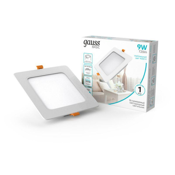 Светильник светодиодный Basic Downlight 9Вт 4000К IP20 720лм 170-260В 120х26 квадрат бел. GAUSS 9031420209