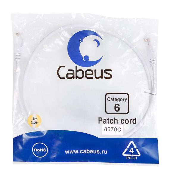 Патч-корд U/UTP кат.6 PC-UTP-RJ45-Cat.6-1m-WH 2xRJ45/8p8c неэкранир. PVC 1м бел. Cabeus 8670c