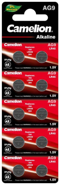 Элемент питания алкалиновый "таблетка" LR936/394A/194/G 9 Mercury Free AG9-BP0%Hg для часов BL-10 (блист.10шт) Camelion 12817