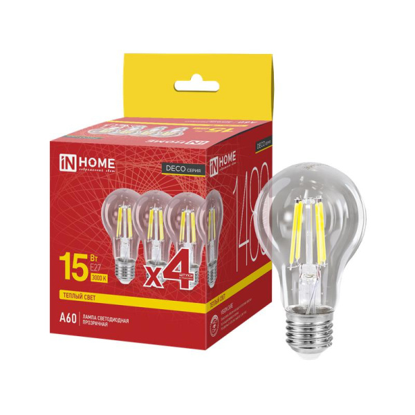 Лампа светодиодная LED-A60-deco 4PACK 15Вт прозрачная 3000К E27 1480лм 230В (уп.4шт) IN HOME 4690612063201