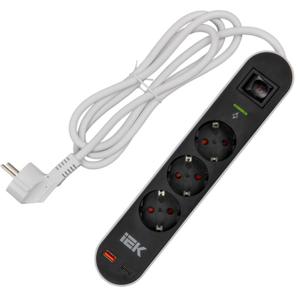 Фильтр сетевой СФ-03К 16А USB A+C 20Вт 1.5м 3х1.5кв.мм черн. IEK WFP10-16-03-01-ZKU-K02