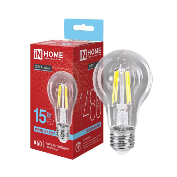 Лампа светодиодная филаментная LED-A60-deco грушевидная прозрачная 15Вт 230В E27 6500К 1480лм IN HOME 4690612055916
