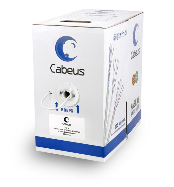 Кабель витая пара UTP (U/UTP) кат.5E 2 пары 24 AWG ОЖ PVC нг(А)-LS сер. (уп.500м) Cabeus 11212c