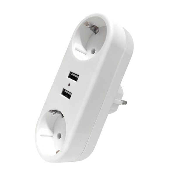Разветвитель 2-м плоский с заземл.16А 2USB А+А 2.4А 3500Вт бел. DOMTOK 2732