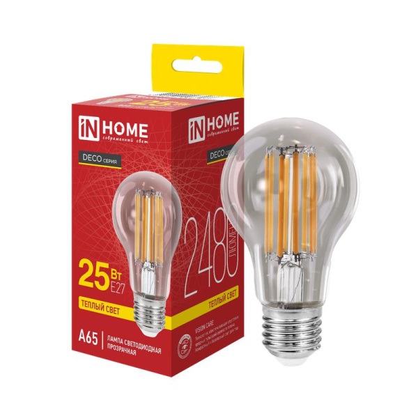 Лампа светодиодная LED-A65-deco 25Вт прозрачная 3000К E27 2480лм 230В IN HOME 4690612063188