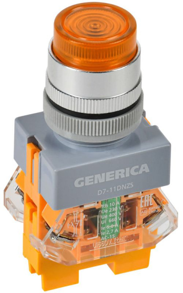 Кнопка D7-11DNZS d22мм 1НО+1НЗ с подсветкой и фиксацией желт. GENERICA BBT50-11DNZS-3-11-K05-G