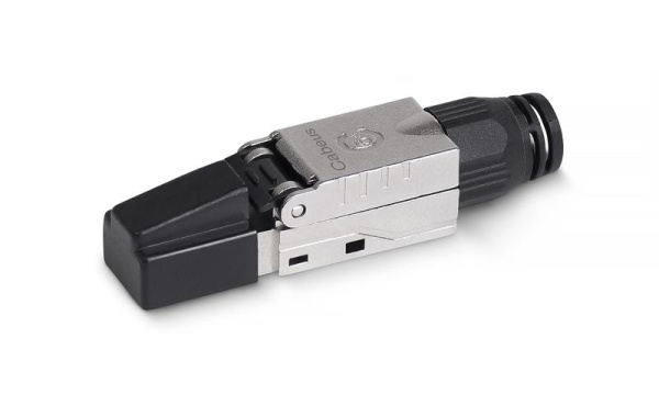 Коннектор 8P8C-SH-C6+ -TWP с фиксатором кабеля и колпачком RJ-45(8P8C) под витую пару категория до 6a экран. для ож кабеля для толстых жил 1.35-1.5мм (с оболочкой) со вставкой Cabeus 8956c