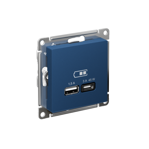 Розетка USB AtlasDesign тип A+C 45Вт высокоскор. ЗУ QC PD механизм аквамарин SE ATN001129