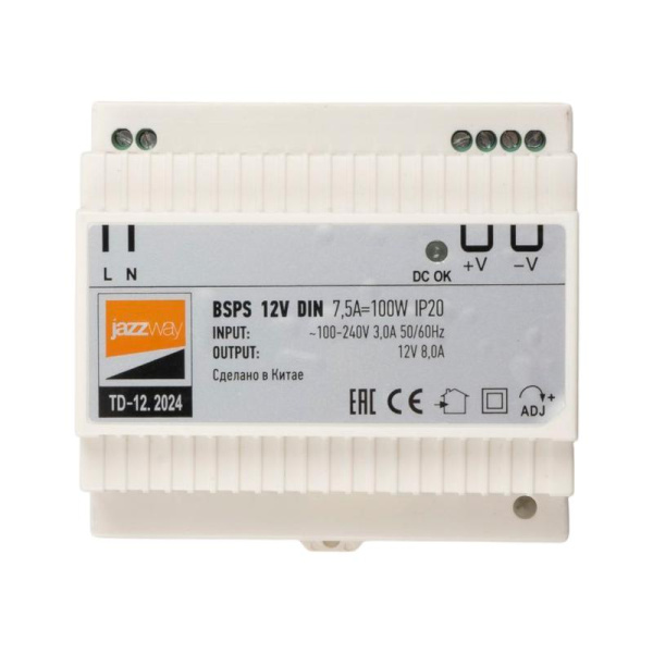 Блок питания для светодиод. ленты BSPS DIN 12В 7.5А 100Вт PL IP20 JazzWay 5049987