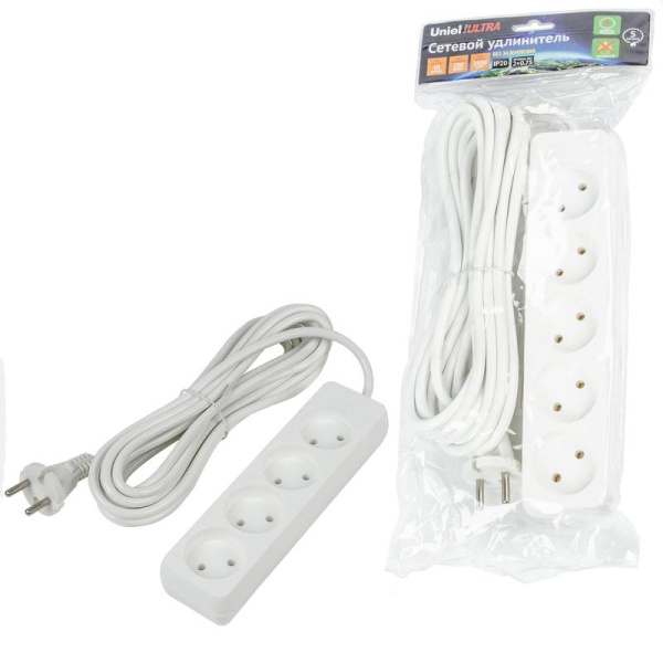 Удлинитель 4х5м без заземл. 10А Ultra S-CU4-5 WHITE бел. Uniel UL-00009989