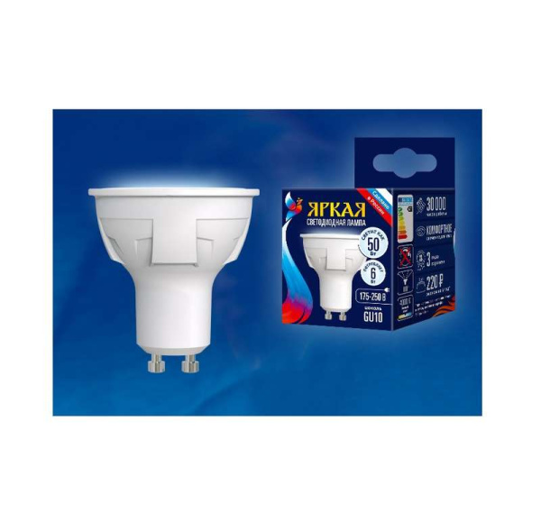 Лампа светодиодная LED-JCDR 6W/NW/GU10/FR PLP01WH Яркая JCDR 6Вт матовая 4000К нейтр. бел. GU10 (упак. картон) Uniel UL-00002421