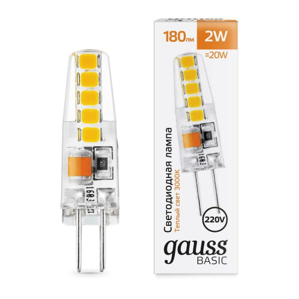 Лампа светодиодная Basic G4 2Вт 3000К 180лм AC220-240В силикон GAUSS 1169712
