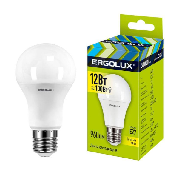 Лампа светодиодная LED-A60-12W-E27-3000K 12Вт грушевидная матовая 3000К тепл. бел. E27 220-240В ЛОН Ergolux 12150
