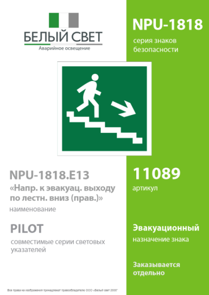 Знак безопасности NPU-1818.E13 "Напр. к эвакуац. выходу по лестн. вниз (прав.)" Белый свет a11089