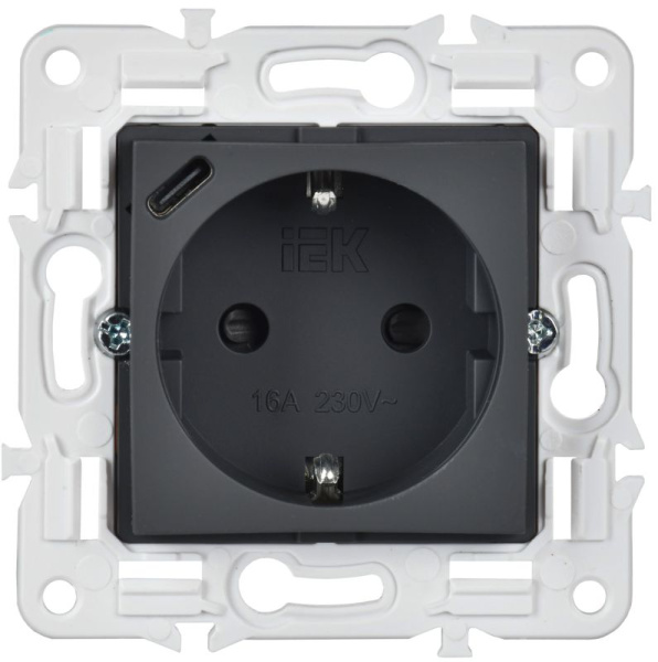 Розетка SKANDY 18Вт 16А с заземл. защ. шторки с USB C SK-R17G графит IEK SK-R14-16-U14-018-K53