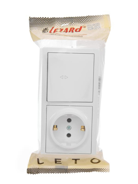Блок ОП LETO (1-кл. выключатель проходной + 1-м розетка с заземл.) горизонт. бел. LEZARD 752-0200-170BVP