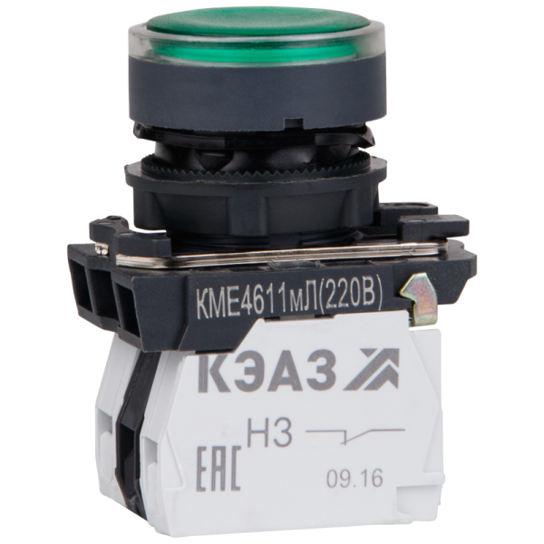 Кнопка КМЕ4511мЛ 24В зел. 1но+1нз цилиндр индикатор IP54 КЭАЗ 354401