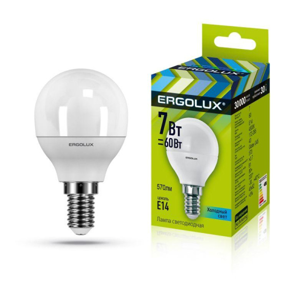 Лампа светодиодная LED-G45-7W-E14-4500K 7Вт шар матовая 4000К бел. E14 220-240В Ergolux 12144