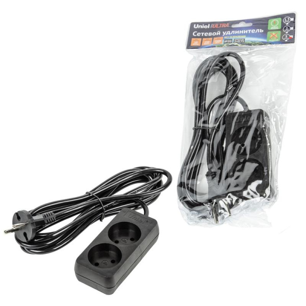 Удлинитель 2х3м без заземл. 10А Ultra S-CU2-3 BLACK черн. Uniel UL-00009976