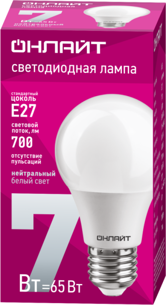 Лампа светодиодная 71 648 OLL-A60-7-230-4K-E27 7Вт грушевидная 4000К нейтр. бел. E27 700лм 176-264В ОНЛАЙТ 71648