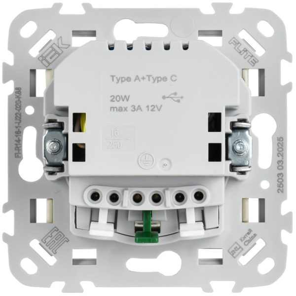 Розетка 1-м СП FLITE РСЮшс11-1-ФлЛ 16А с USB A+C 20Вт с заземл. с защ. шторками безвинтовое крепление механизм льняной IEK FI-R14-16-1-U22-020-K88