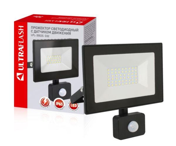 Прожектор светодиодный с датчиком LFL-3002S C02 30Вт 230В 6500К черн. Ultraflash 13330
