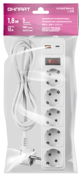 Фильтр сетевой 5х1.8м 10А IP20 90 881 OSP-USB-05-180-ESC-3х0.75-WH бел. ОНЛАЙТ 90881