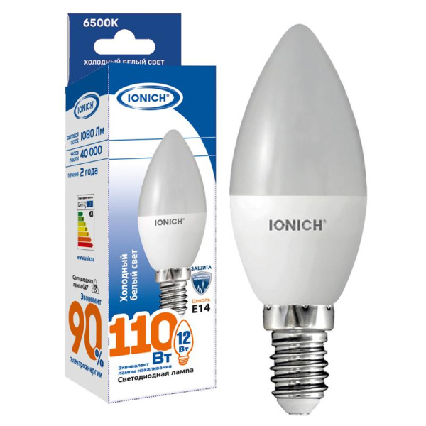 Лампа светодиодная C37 12Вт свеча 6500К E14 230В IONICH 1635