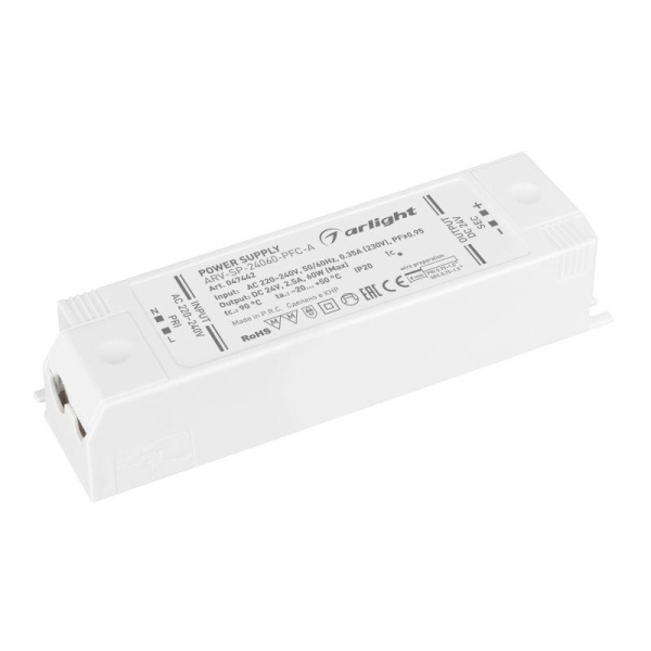 Блок питания ARV-SP-24060-PFC-A 24В 2.5А 60Вт IP20 пластик Arlight 047442